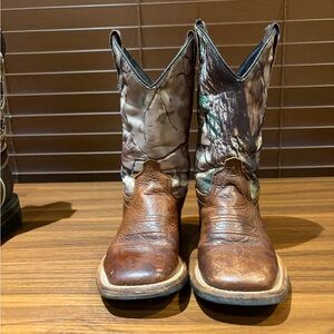 Old West Brown Leather and Camouflage Kids Cowboy Boots